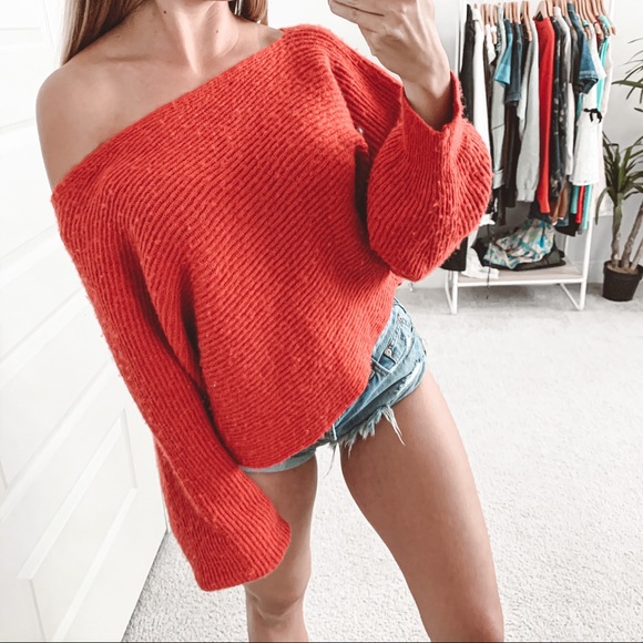 Free People Easy Days Off the Shoulder Sweater Red - Picture 5 of 10